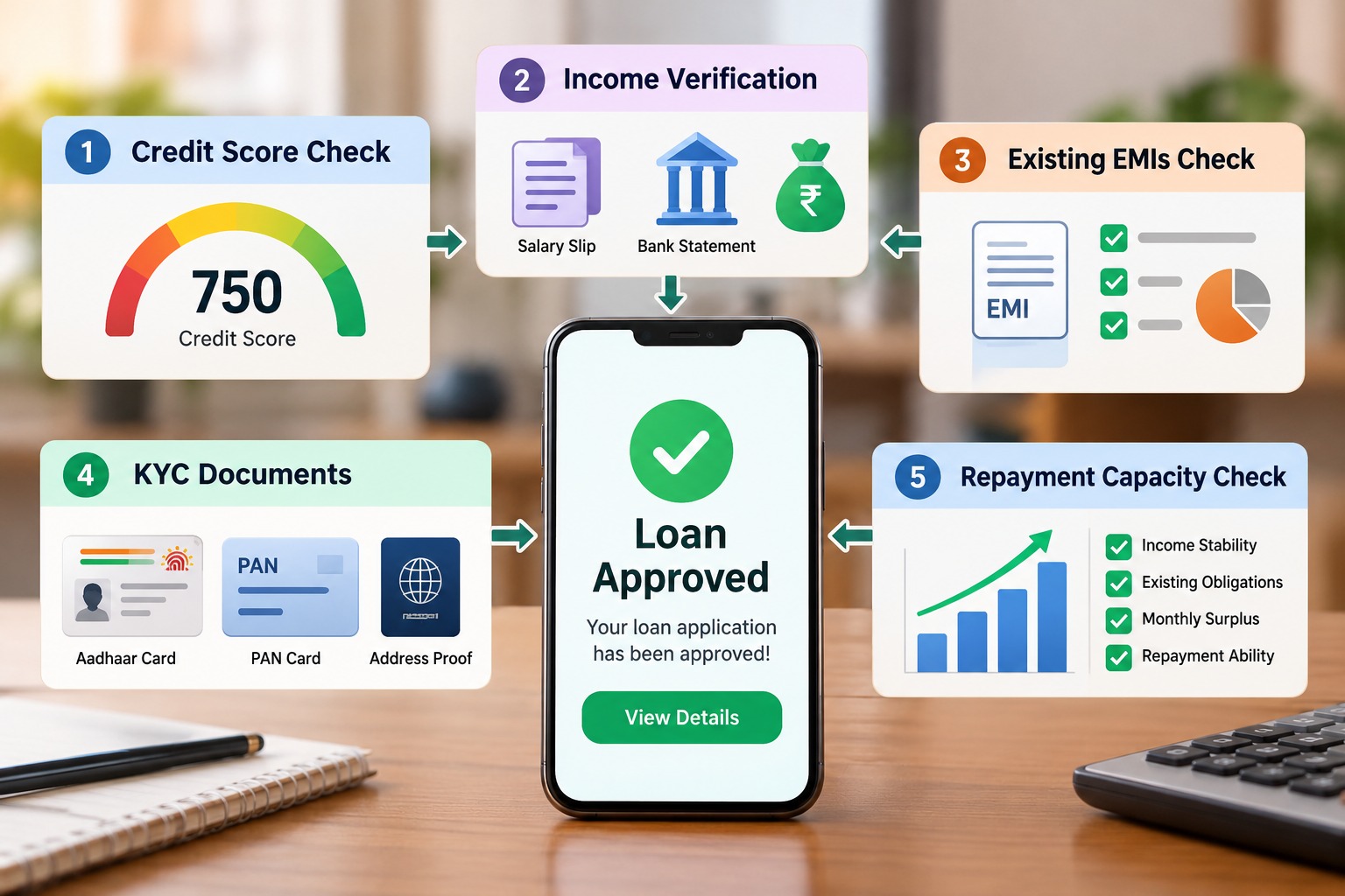 Loan app approval process showing credit score, income verification, existing EMIs, KYC documents and repayment capacity checks. create a image